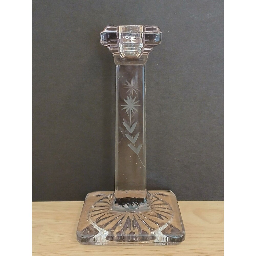 Glass Floral Etched Candlestick Holder Purple Tint Clear Country Farmhouse